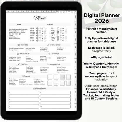 Digital Planner, Digitaler Planer, 2026 Digital Planner, portrait orientation, Monday start planner, printable planner, Digital planner 2026