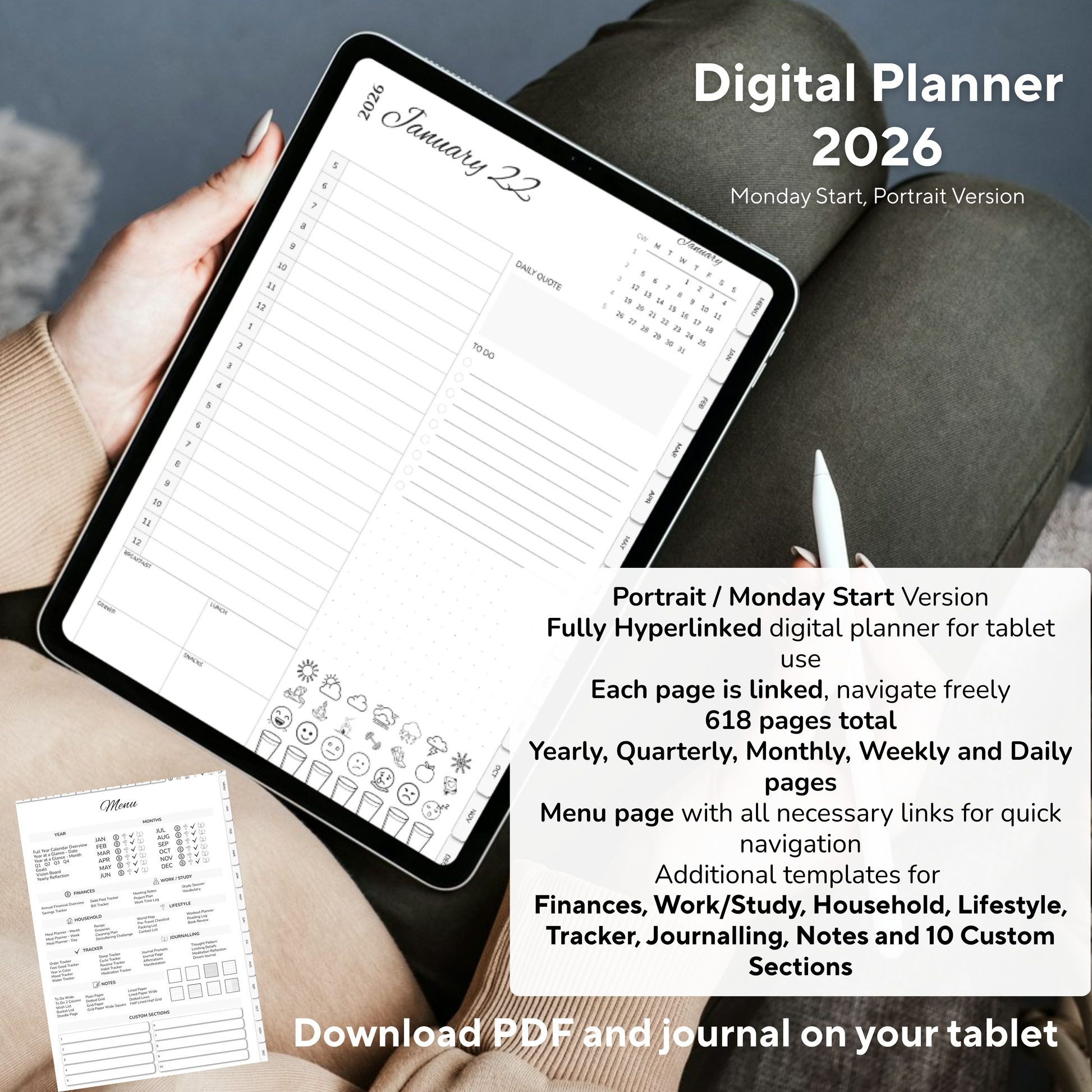 Digital Planner, Digitaler Planer, 2026 Digital Planner, portrait orientation, Monday start planner, printable planner, Digital planner 2026