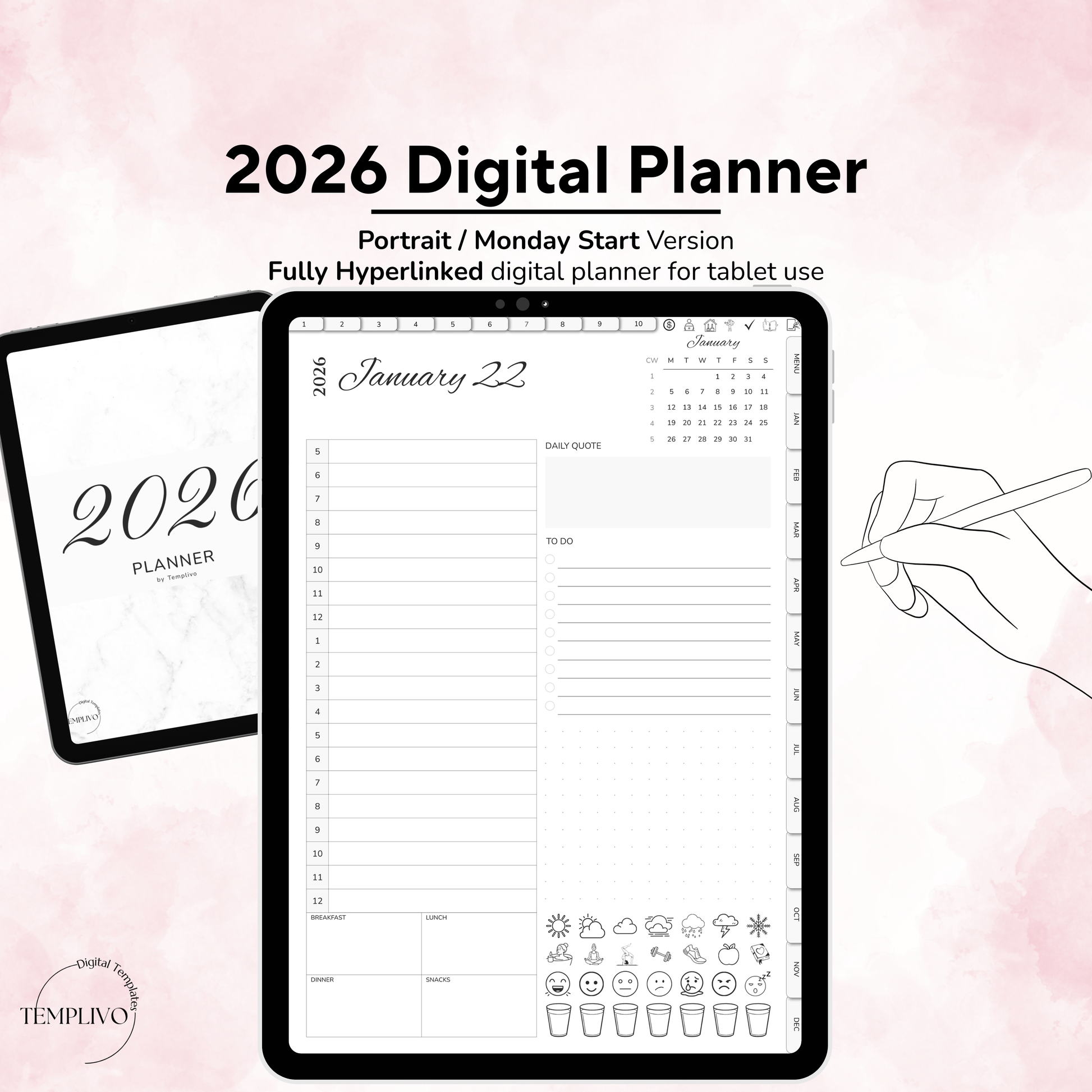 Digital Planner, Digitaler Planer, 2026 Digital Planner, portrait orientation, Monday start planner, printable planner, Digital planner 2026, Digital Planner 2026 - Monday Start, journal for samsung notes, goodnotes and ipad, daily, weekly and monthly pages with lifestyle templates, daily planner, weekly planner, monthly planner, digital planner, goodnotes planner, digital journal, notebook, adhd planner, hyperlinked, digital download, 2026 calendar, digitaler planer, digitale agenda, digital notebook