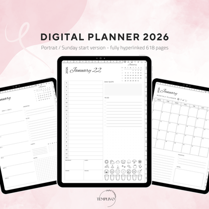 Digital Planner, Digitaler Planer, 2026 Digital Planner, portrait orientation, Sunday start planner, printable planner, Digital planner 2026, Digital Planner 2026 - Sunday Start, journal for samsung notes, goodnotes and ipad, daily, weekly and monthly pages with lifestyle templates, daily planner, weekly planner, monthly planner, digital planner, goodnotes planner, digital journal, notebook, adhd planner, hyperlinked, digital download, 2026 calendar, digitaler planer, digitale agenda, digital notebook
