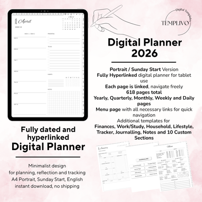 Digital Planner, Digitaler Planer, 2026 Digital Planner, portrait orientation, Sunday start planner, printable planner, Digital planner 2026, Digital Planner 2026 - Sunday Start, journal for samsung notes, goodnotes and ipad, daily, weekly and monthly pages with lifestyle templates, daily planner, weekly planner, monthly planner, digital planner, goodnotes planner, digital journal, notebook, adhd planner, hyperlinked, digital download, 2026 calendar, digitaler planer, digitale agenda, digital notebook