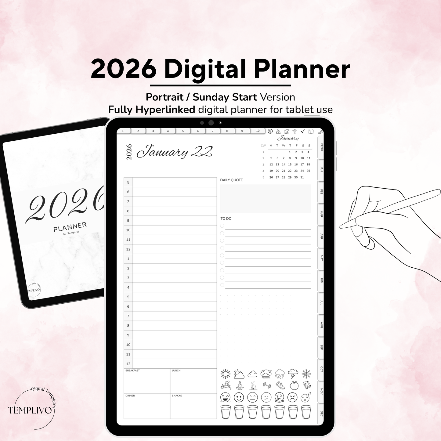 Digital Planner, Digitaler Planer, 2026 Digital Planner, portrait orientation, Sunday start planner, printable planner, Digital planner 2026, Digital Planner 2026 - Sunday Start, journal for samsung notes, goodnotes and ipad, daily, weekly and monthly pages with lifestyle templates, daily planner, weekly planner, monthly planner, digital planner, goodnotes planner, digital journal, notebook, adhd planner, hyperlinked, digital download, 2026 calendar, digitaler planer, digitale agenda, digital notebook