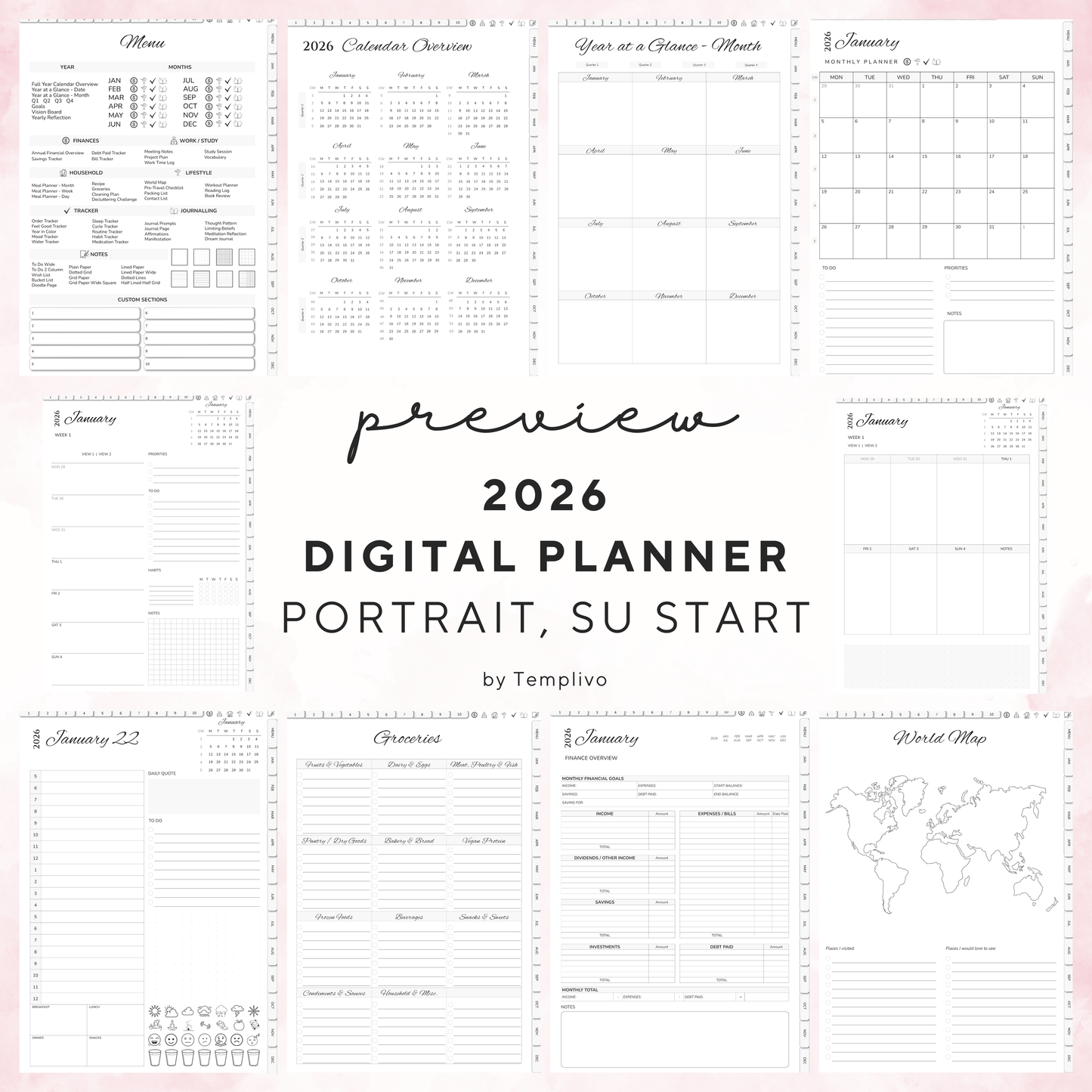 Digital Planner, Digitaler Planer, 2026 Digital Planner, portrait orientation, Sunday start planner, printable planner, Digital planner 2026, Digital Planner 2026 - Sunday Start, journal for samsung notes, goodnotes and ipad, daily, weekly and monthly pages with lifestyle templates, daily planner, weekly planner, monthly planner, digital planner, goodnotes planner, digital journal, notebook, adhd planner, hyperlinked, digital download, 2026 calendar, digitaler planer, digitale agenda, digital notebook