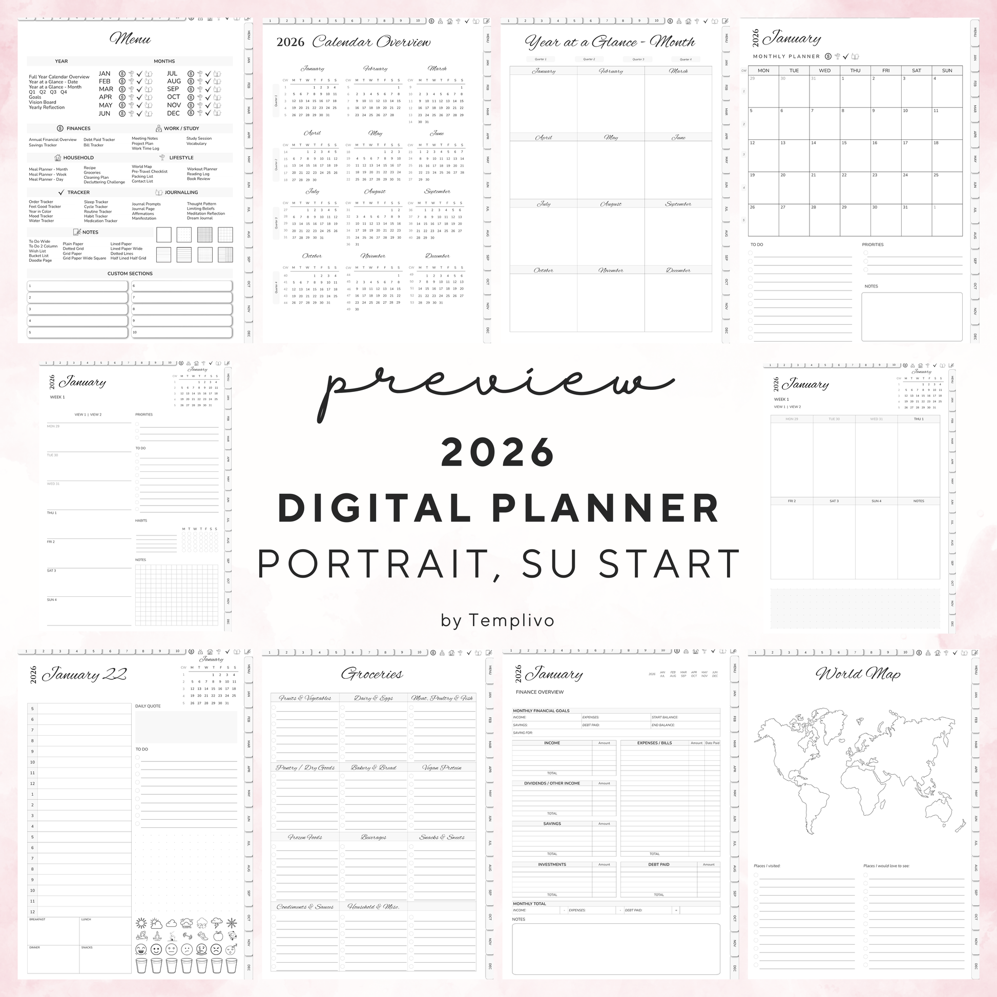 Digital Planner, Digitaler Planer, 2026 Digital Planner, portrait orientation, Sunday start planner, printable planner, Digital planner 2026, Digital Planner 2026 - Sunday Start, journal for samsung notes, goodnotes and ipad, daily, weekly and monthly pages with lifestyle templates, daily planner, weekly planner, monthly planner, digital planner, goodnotes planner, digital journal, notebook, adhd planner, hyperlinked, digital download, 2026 calendar, digitaler planer, digitale agenda, digital notebook