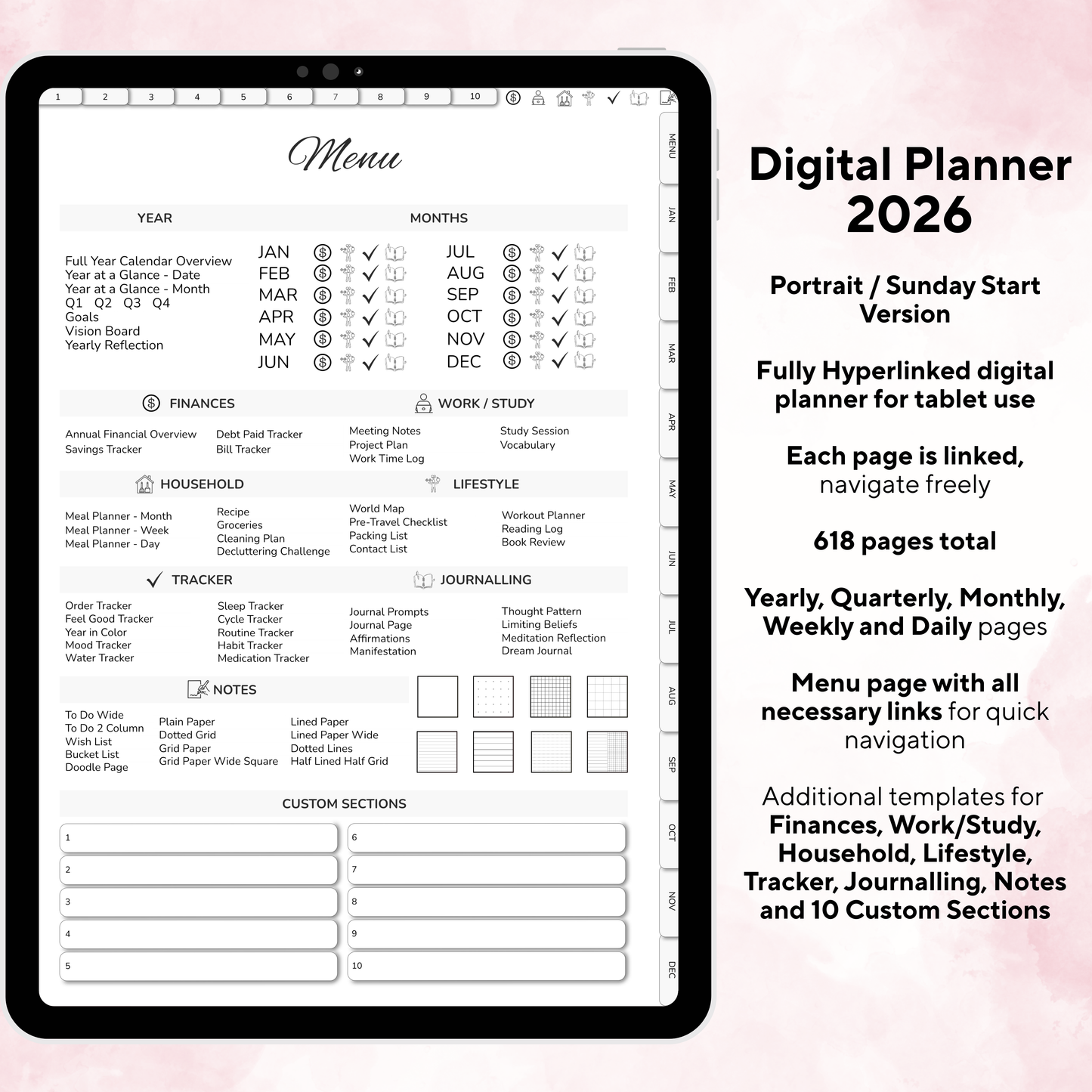Digital Planner, Digitaler Planer, 2026 Digital Planner, portrait orientation, Sunday start planner, printable planner, Digital planner 2026, Digital Planner 2026 - Sunday Start, journal for samsung notes, goodnotes and ipad, daily, weekly and monthly pages with lifestyle templates, daily planner, weekly planner, monthly planner, digital planner, goodnotes planner, digital journal, notebook, adhd planner, hyperlinked, digital download, 2026 calendar, digitaler planer, digitale agenda, digital notebook