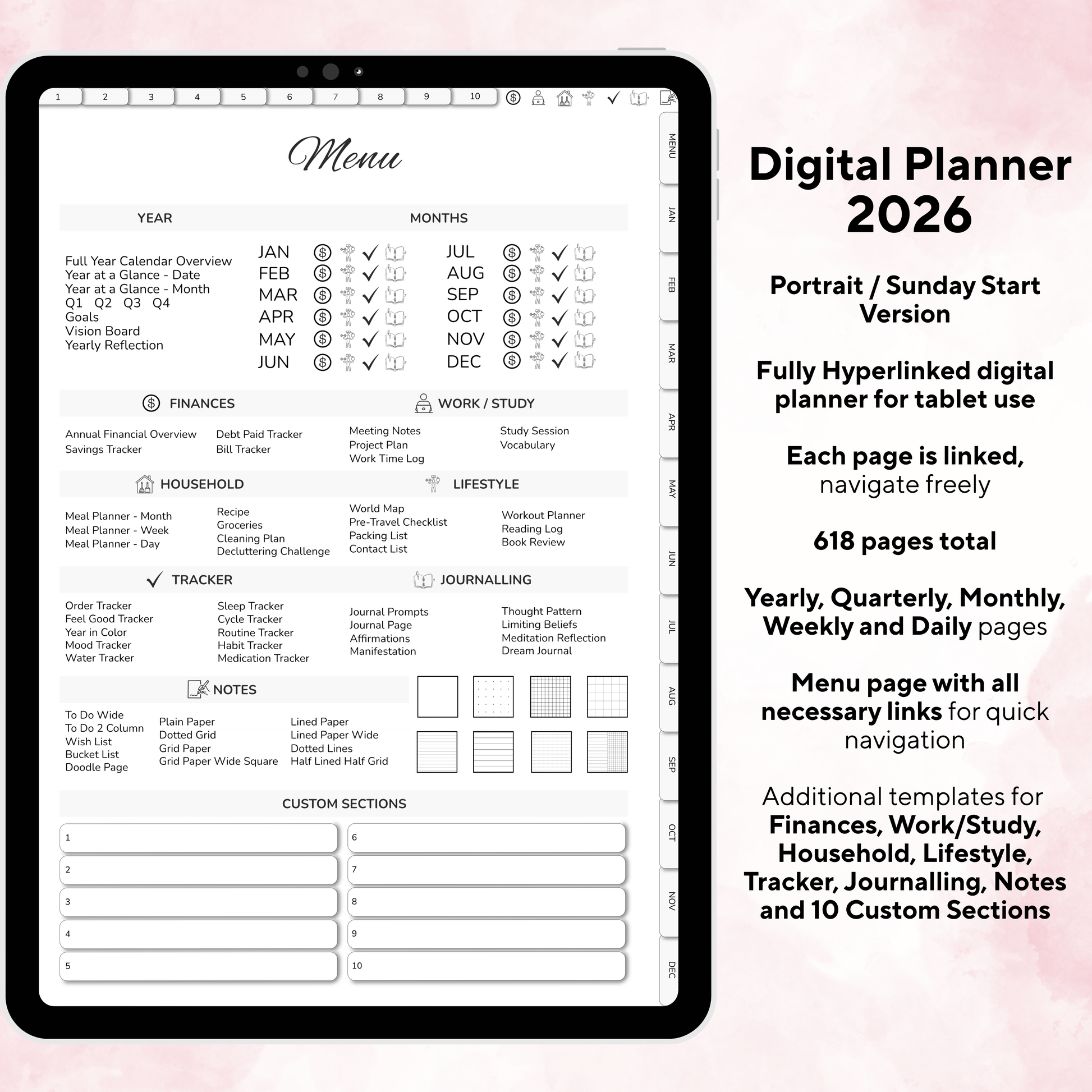 Digital Planner, Digitaler Planer, 2026 Digital Planner, portrait orientation, Sunday start planner, printable planner, Digital planner 2026, Digital Planner 2026 - Sunday Start, journal for samsung notes, goodnotes and ipad, daily, weekly and monthly pages with lifestyle templates, daily planner, weekly planner, monthly planner, digital planner, goodnotes planner, digital journal, notebook, adhd planner, hyperlinked, digital download, 2026 calendar, digitaler planer, digitale agenda, digital notebook