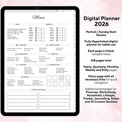 Digital Planner, Digitaler Planer, 2026 Digital Planner, portrait orientation, Sunday start planner, printable planner, Digital planner 2026, Digital Planner 2026 - Sunday Start, journal for samsung notes, goodnotes and ipad, daily, weekly and monthly pages with lifestyle templates, daily planner, weekly planner, monthly planner, digital planner, goodnotes planner, digital journal, notebook, adhd planner, hyperlinked, digital download, 2026 calendar, digitaler planer, digitale agenda, digital notebook