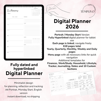 Digital Planner, Digitaler Planer, 2026 Digital Planner, portrait orientation, Monday start planner, printable planner, Digital planner 2026, Digital Planner 2026 - Monday Start, journal for samsung notes, goodnotes and ipad, daily, weekly and monthly pages with lifestyle templates, daily planner, weekly planner, monthly planner, digital planner, goodnotes planner, digital journal, notebook, adhd planner, hyperlinked, digital download, 2026 calendar, digitaler planer, digitale agenda, digital notebook