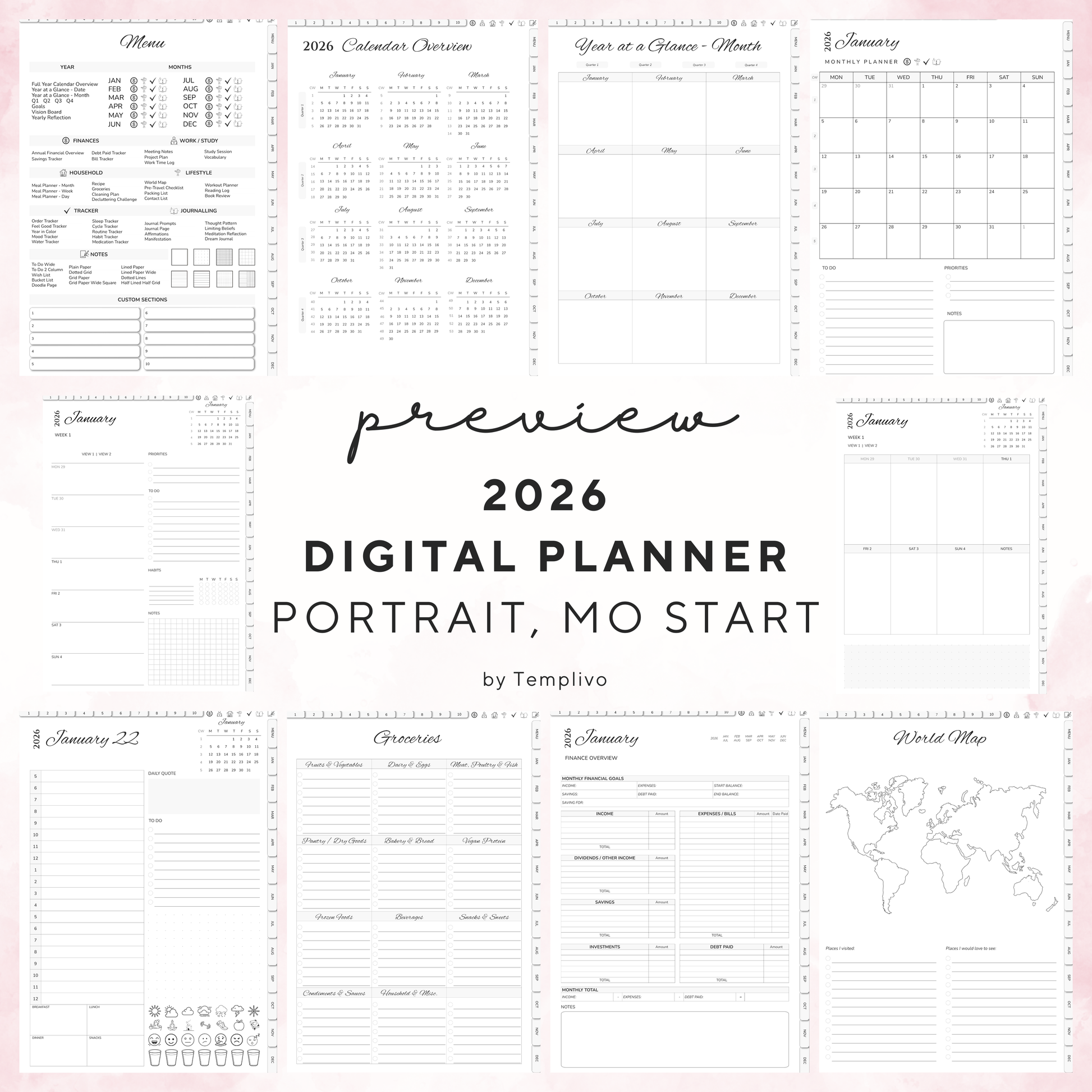 Digital Planner, Digitaler Planer, 2026 Digital Planner, portrait orientation, Monday start planner, printable planner, Digital planner 2026, Digital Planner 2026 - Monday Start, journal for samsung notes, goodnotes and ipad, daily, weekly and monthly pages with lifestyle templates, daily planner, weekly planner, monthly planner, digital planner, goodnotes planner, digital journal, notebook, adhd planner, hyperlinked, digital download, 2026 calendar, digitaler planer, digitale agenda, digital notebook