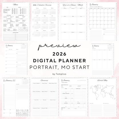 Digital Planner, Digitaler Planer, 2026 Digital Planner, portrait orientation, Monday start planner, printable planner, Digital planner 2026, Digital Planner 2026 - Monday Start, journal for samsung notes, goodnotes and ipad, daily, weekly and monthly pages with lifestyle templates, daily planner, weekly planner, monthly planner, digital planner, goodnotes planner, digital journal, notebook, adhd planner, hyperlinked, digital download, 2026 calendar, digitaler planer, digitale agenda, digital notebook