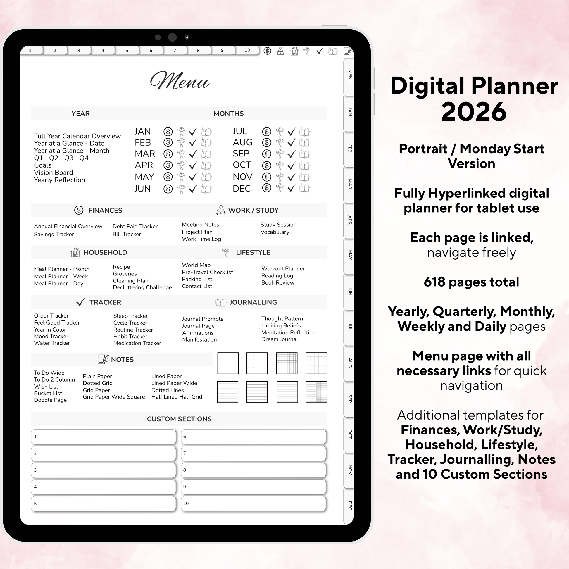 Digital Planner, Digitaler Planer, 2026 Digital Planner, portrait orientation, Monday start planner, printable planner, Digital planner 2026, Digital Planner 2026 - Monday Start, journal for samsung notes, goodnotes and ipad, daily, weekly and monthly pages with lifestyle templates, daily planner, weekly planner, monthly planner, digital planner, goodnotes planner, digital journal, notebook, adhd planner, hyperlinked, digital download, 2026 calendar, digitaler planer, digitale agenda, digital notebook