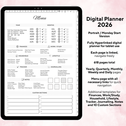 Digital Planner, Digitaler Planer, 2026 Digital Planner, portrait orientation, Monday start planner, printable planner, Digital planner 2026, Digital Planner 2026 - Monday Start, journal for samsung notes, goodnotes and ipad, daily, weekly and monthly pages with lifestyle templates, daily planner, weekly planner, monthly planner, digital planner, goodnotes planner, digital journal, notebook, adhd planner, hyperlinked, digital download, 2026 calendar, digitaler planer, digitale agenda, digital notebook