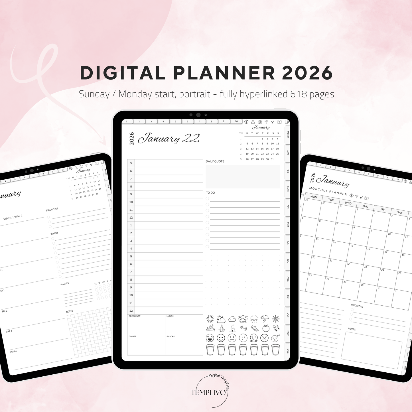Digital Planner 2026, Sunday MOnday start, Digitaler Planer, 2026 Digital Planner, printable planner, Digital planner 2026, Digital Planner 2026 - Sunday Start, Monday start, journal for samsung notes, goodnotes and ipad, daily, weekly and monthly pages with lifestyle templates, daily planner, weekly planner, monthly planner, digital planner, goodnotes planner, digital journal, notebook, adhd planner, hyperlinked, digital download, 2026 calendar, digitaler planer, digitale agenda, digital notebook