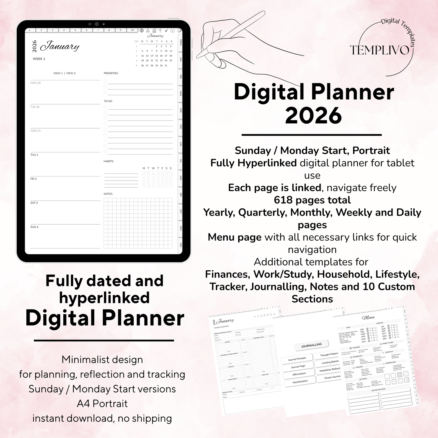 Digital Planner 2026, Sunday MOnday start, Digitaler Planer, 2026 Digital Planner, printable planner, Digital planner 2026, Digital Planner 2026 - Sunday Start, Monday start, journal for samsung notes, goodnotes and ipad, daily, weekly and monthly pages with lifestyle templates, daily planner, weekly planner, monthly planner, digital planner, goodnotes planner, digital journal, notebook, adhd planner, hyperlinked, digital download, 2026 calendar, digitaler planer, digitale agenda, digital notebook