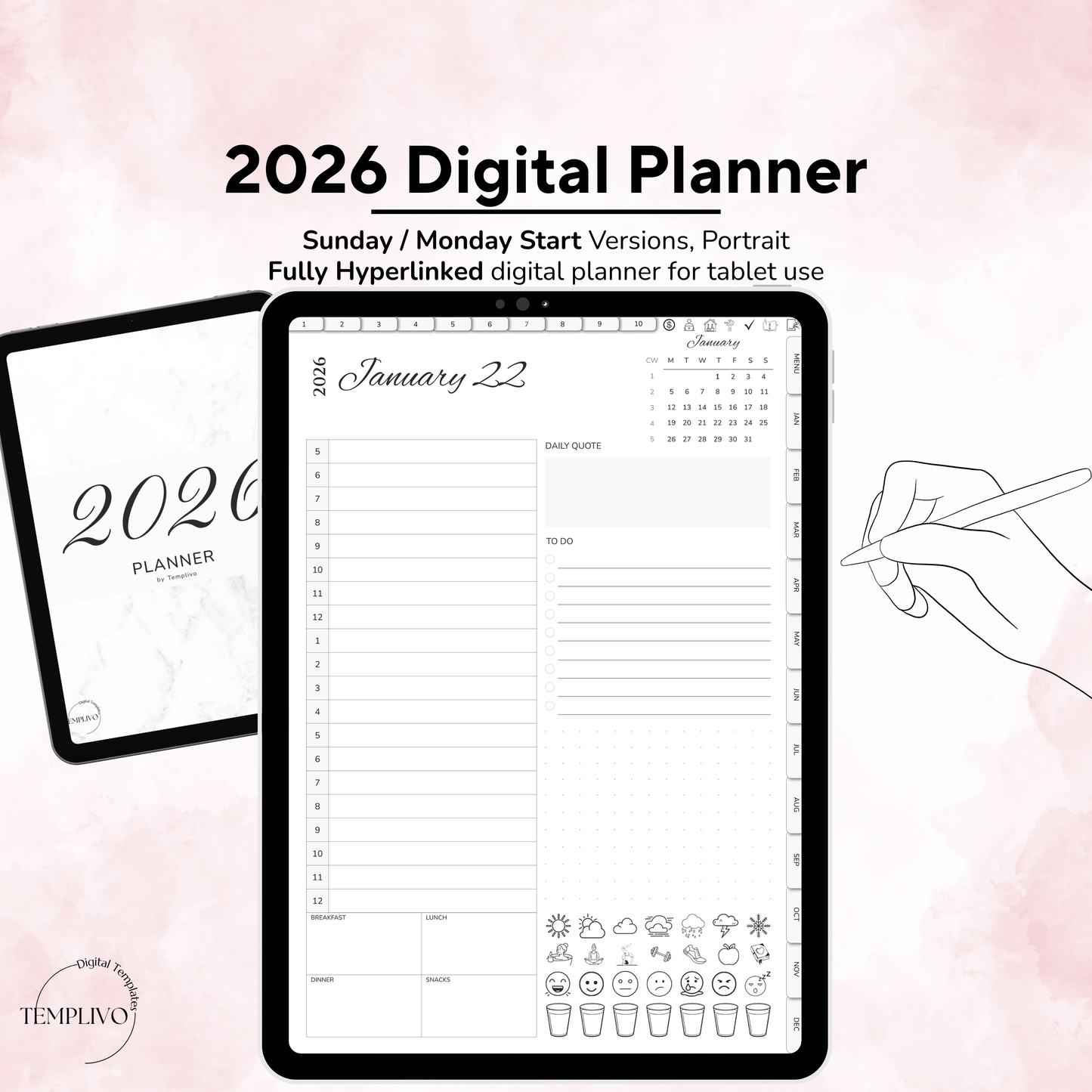Digital Planner 2026, Sunday MOnday start, Digitaler Planer, 2026 Digital Planner, printable planner, Digital planner 2026, Digital Planner 2026 - Sunday Start, Monday start, journal for samsung notes, goodnotes and ipad, daily, weekly and monthly pages with lifestyle templates, daily planner, weekly planner, monthly planner, digital planner, goodnotes planner, digital journal, notebook, adhd planner, hyperlinked, digital download, 2026 calendar, digitaler planer, digitale agenda, digital notebook