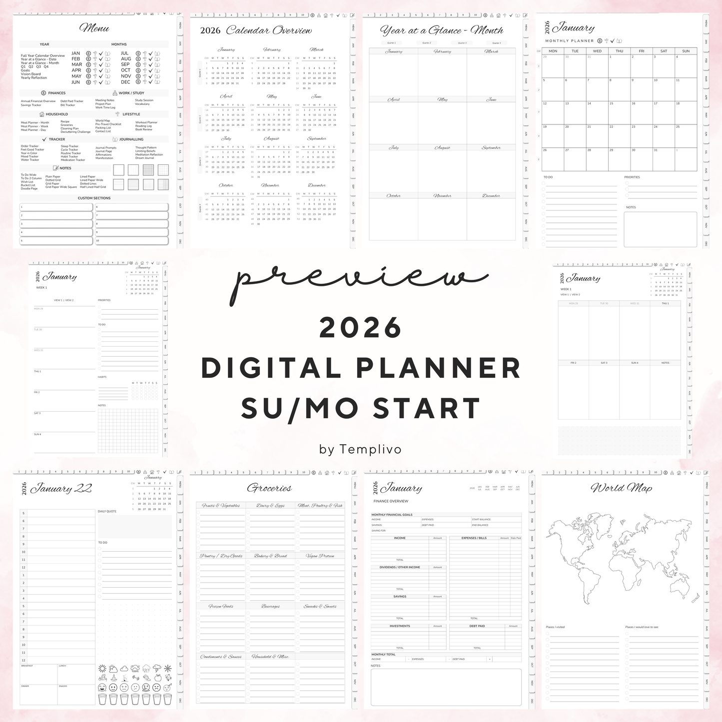 Digital Planner 2026, Sunday MOnday start, Digitaler Planer, 2026 Digital Planner, printable planner, Digital planner 2026, Digital Planner 2026 - Sunday Start, Monday start, journal for samsung notes, goodnotes and ipad, daily, weekly and monthly pages with lifestyle templates, daily planner, weekly planner, monthly planner, digital planner, goodnotes planner, digital journal, notebook, adhd planner, hyperlinked, digital download, 2026 calendar, digitaler planer, digitale agenda, digital notebook
