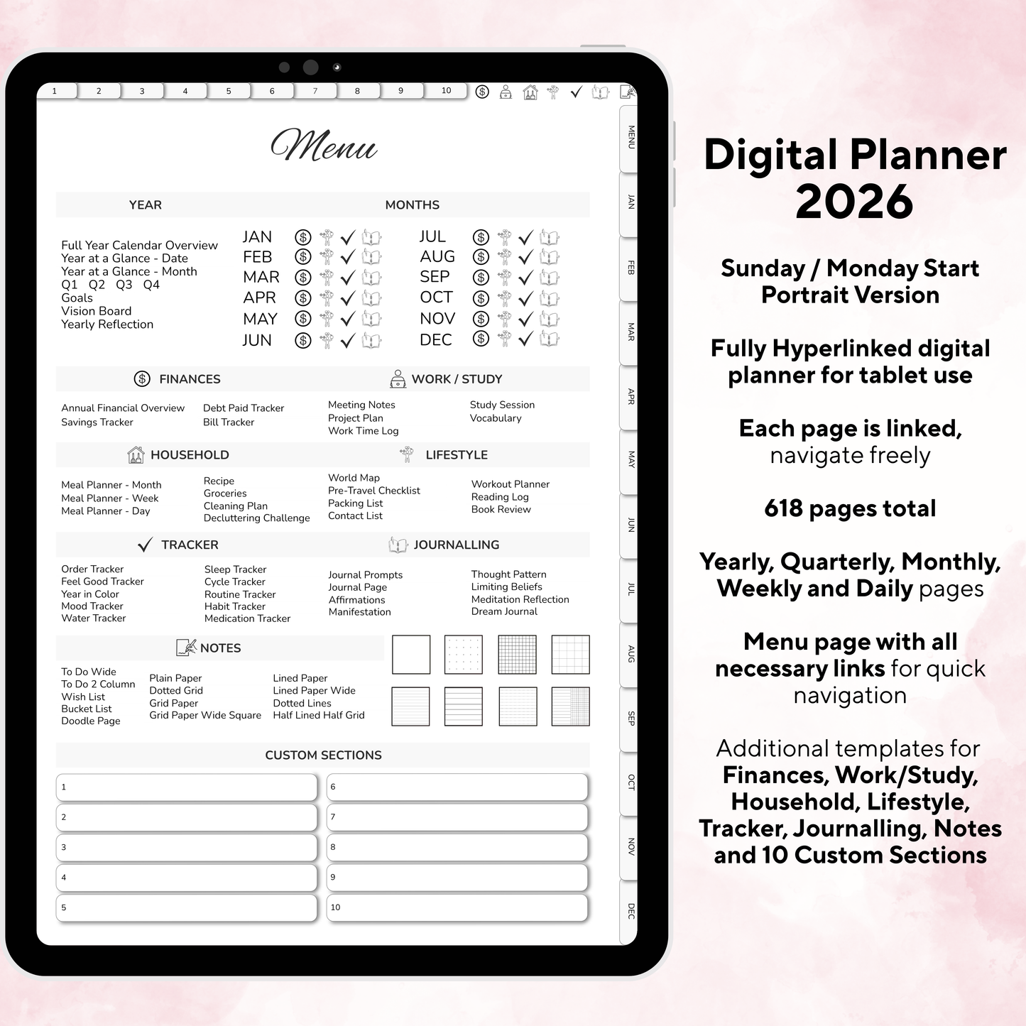 Digital Planner 2026, Sunday MOnday start, Digitaler Planer, 2026 Digital Planner, printable planner, Digital planner 2026, Digital Planner 2026 - Sunday Start, Monday start, journal for samsung notes, goodnotes and ipad, daily, weekly and monthly pages with lifestyle templates, daily planner, weekly planner, monthly planner, digital planner, goodnotes planner, digital journal, notebook, adhd planner, hyperlinked, digital download, 2026 calendar, digitaler planer, digitale agenda, digital notebook