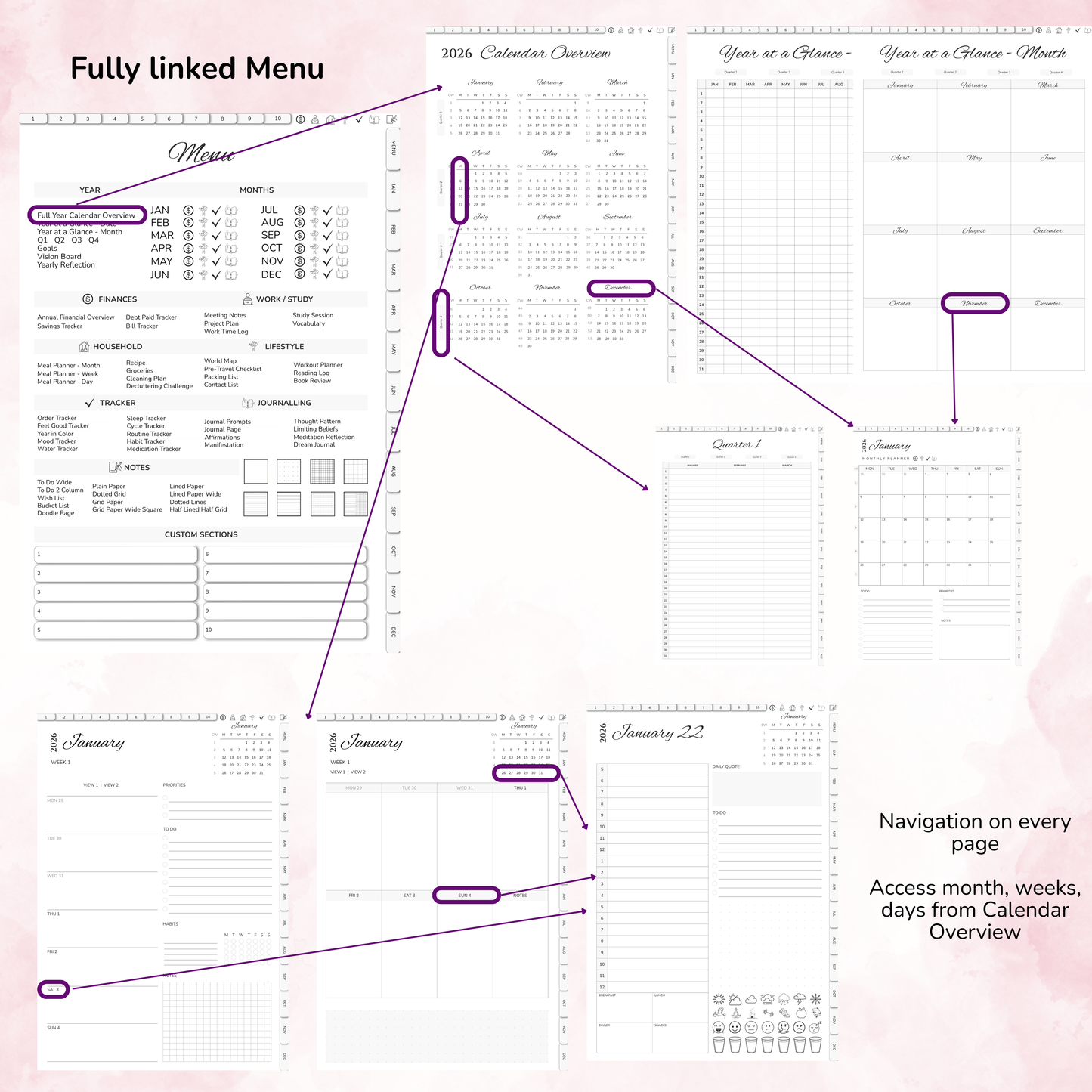 Digital Planner 2026, Sunday MOnday start, Digitaler Planer, 2026 Digital Planner, printable planner, Digital planner 2026, Digital Planner 2026 - Sunday Start, Monday start, journal for samsung notes, goodnotes and ipad, daily, weekly and monthly pages with lifestyle templates, daily planner, weekly planner, monthly planner, digital planner, goodnotes planner, digital journal, notebook, adhd planner, hyperlinked, digital download, 2026 calendar, digitaler planer, digitale agenda, digital notebook