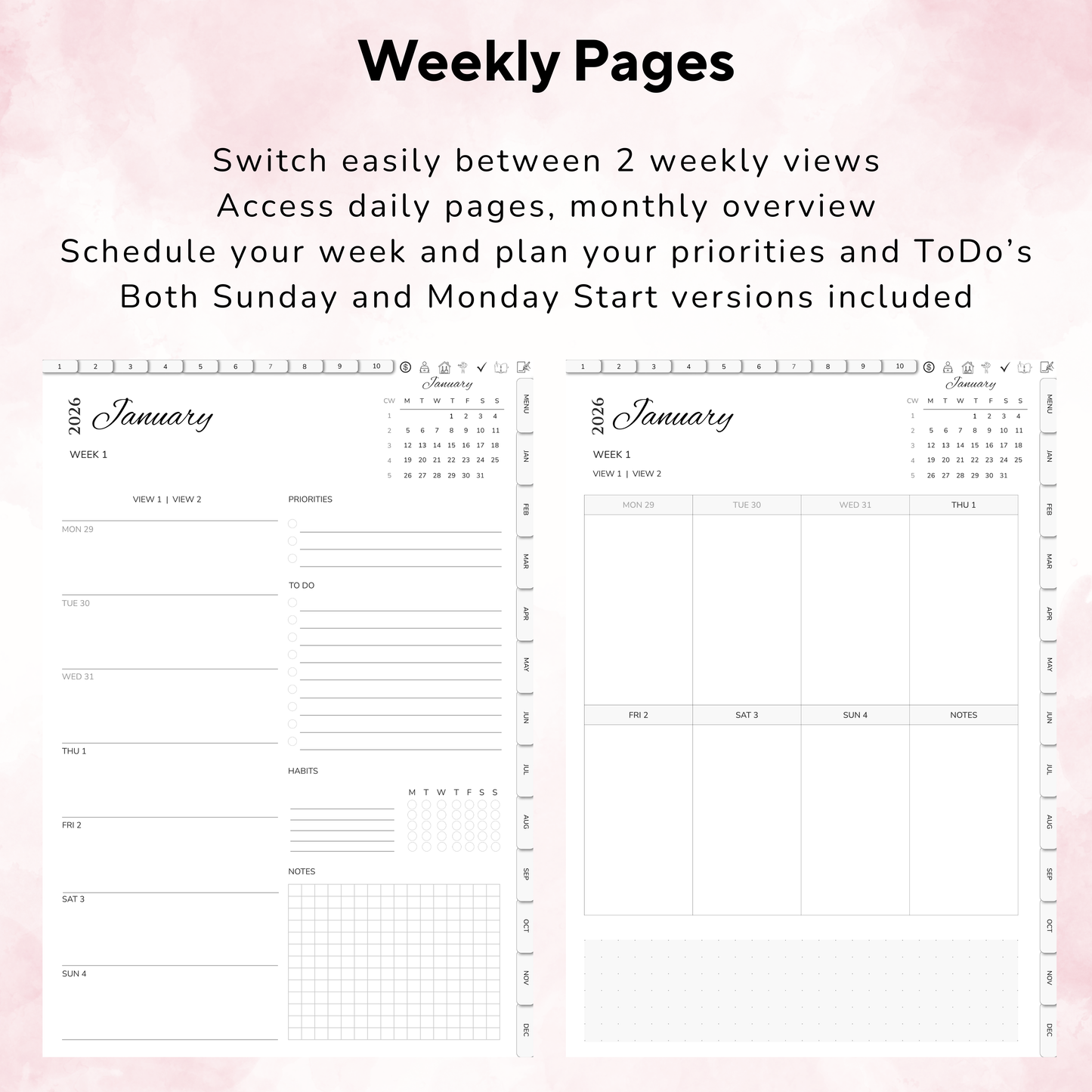 Digital Planner 2026, Sunday MOnday start, Digitaler Planer, 2026 Digital Planner, printable planner, Digital planner 2026, Digital Planner 2026 - Sunday Start, Monday start, journal for samsung notes, goodnotes and ipad, daily, weekly and monthly pages with lifestyle templates, daily planner, weekly planner, monthly planner, digital planner, goodnotes planner, digital journal, notebook, adhd planner, hyperlinked, digital download, 2026 calendar, digitaler planer, digitale agenda, digital notebook