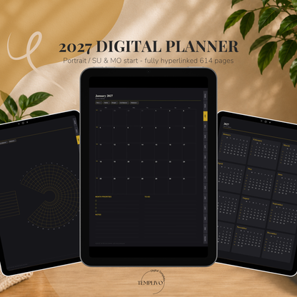 Digital Planner 2027, Sunday Monday start, dark mode, Digitaler Planer, Digital Planner, Sonntag Montag Start, portrait orientation, planner, Digital planner, Digital Planner 2027, journal for samsung notes, goodnotes and ipad, daily, weekly and monthly pages with lifestyle templates, daily planner, weekly planner, monthly planner, digital planner, goodnotes planner, dunkelmodeus, notebook, adhd planner, hyperlinked, digital download, 2027 calendar, digitaler planer, digitale agenda, digital notebook