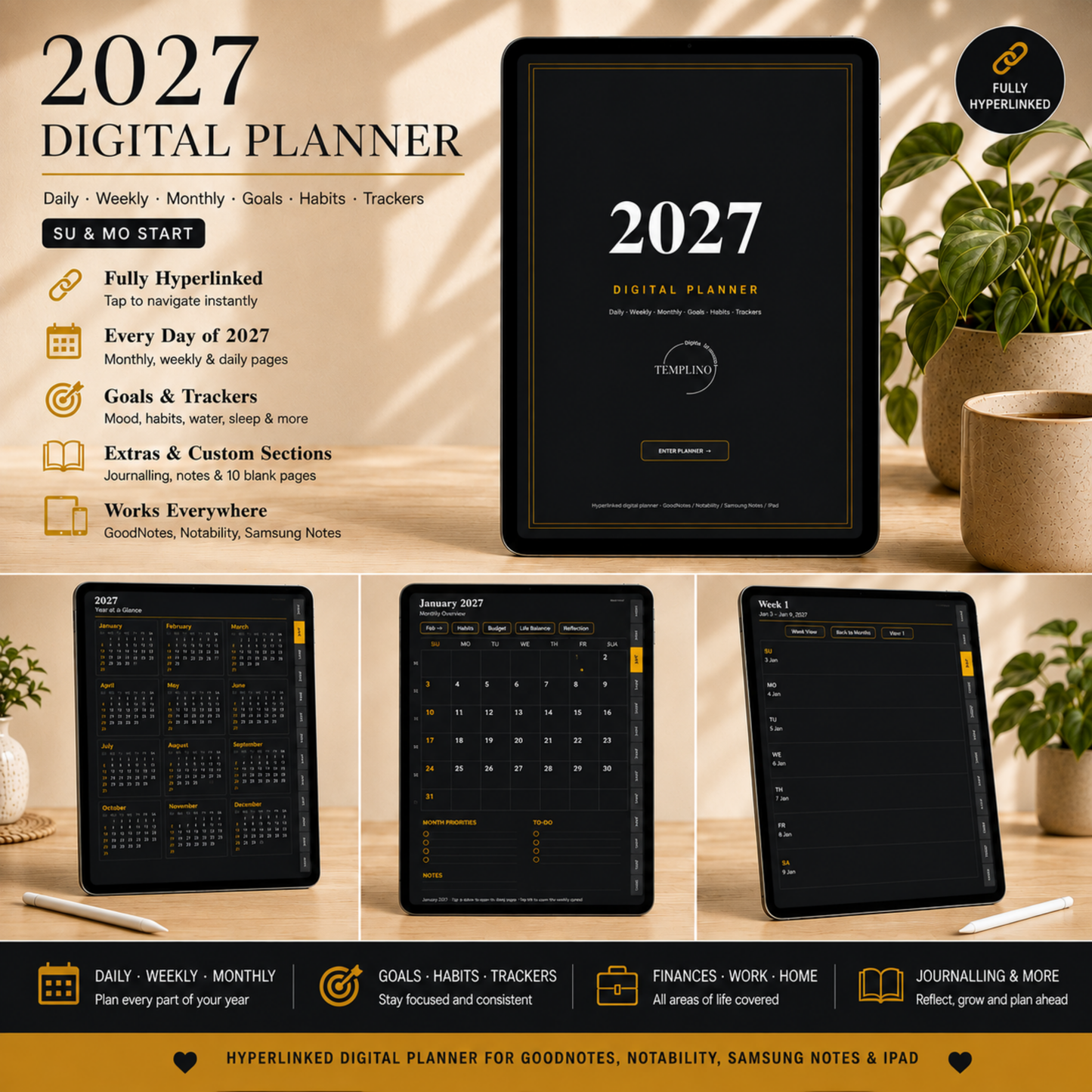 Digital Planner 2027, Sunday Monday start, dark mode, Digitaler Planer, Digital Planner, Sonntag Montag Start, portrait orientation, planner, Digital planner, Digital Planner 2027, journal for samsung notes, goodnotes and ipad, daily, weekly and monthly pages with lifestyle templates, daily planner, weekly planner, monthly planner, digital planner, goodnotes planner, dunkelmodeus, notebook, adhd planner, hyperlinked, digital download, 2027 calendar, digitaler planer, digitale agenda, digital notebook