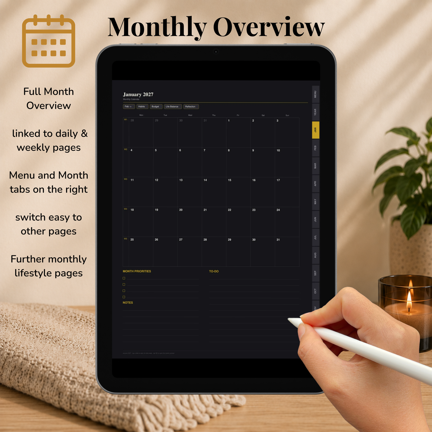 Digital Planner 2027, Sunday Monday start, dark mode, Digitaler Planer, Digital Planner, Sonntag Montag Start, portrait orientation, planner, Digital planner, Digital Planner 2027, journal for samsung notes, goodnotes and ipad, daily, weekly and monthly pages with lifestyle templates, daily planner, weekly planner, monthly planner, digital planner, goodnotes planner, dunkelmodeus, notebook, adhd planner, hyperlinked, digital download, 2027 calendar, digitaler planer, digitale agenda, digital notebook