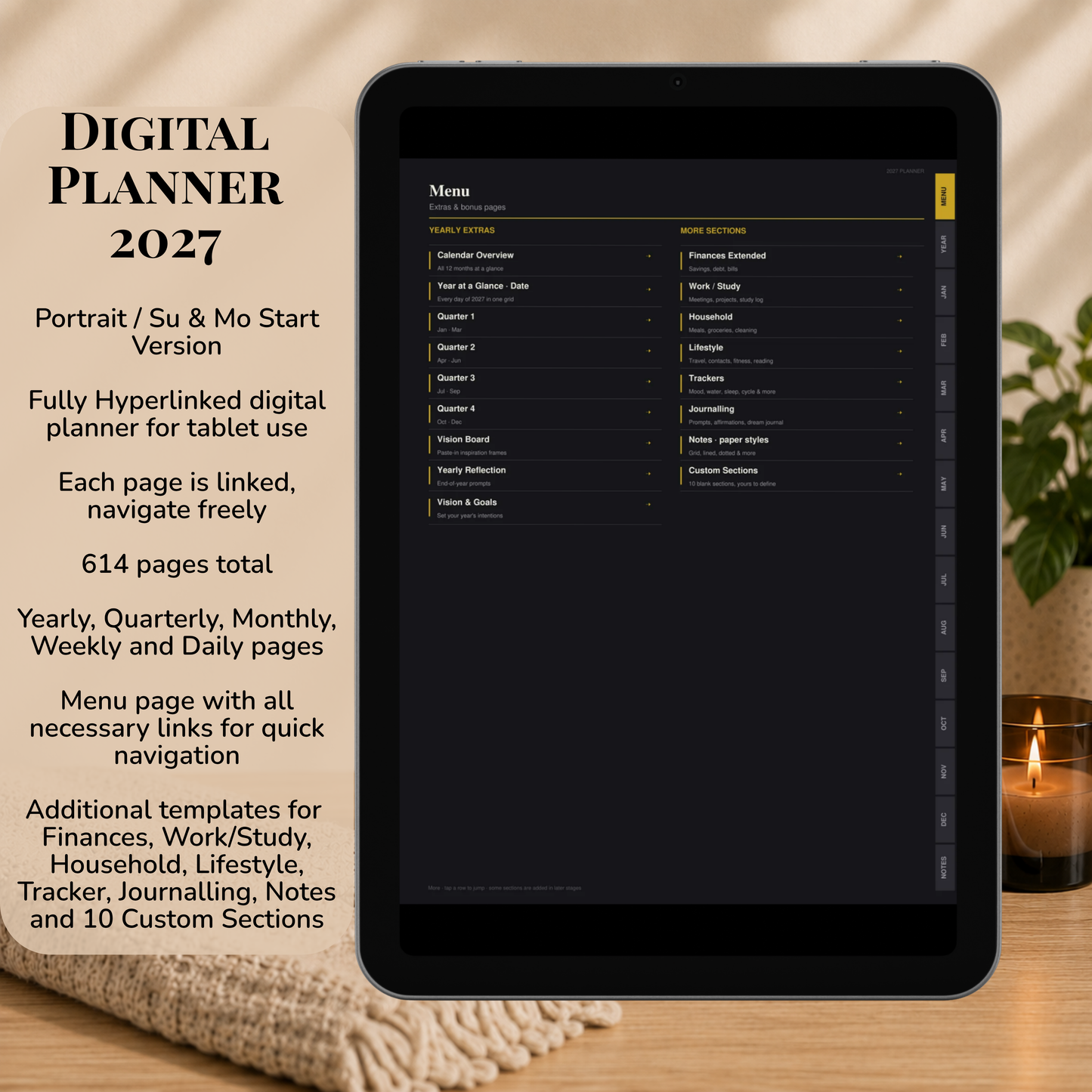 Digital Planner 2027, Sunday Monday start, dark mode, Digitaler Planer, Digital Planner, Sonntag Montag Start, portrait orientation, planner, Digital planner, Digital Planner 2027, journal for samsung notes, goodnotes and ipad, daily, weekly and monthly pages with lifestyle templates, daily planner, weekly planner, monthly planner, digital planner, goodnotes planner, dunkelmodeus, notebook, adhd planner, hyperlinked, digital download, 2027 calendar, digitaler planer, digitale agenda, digital notebook