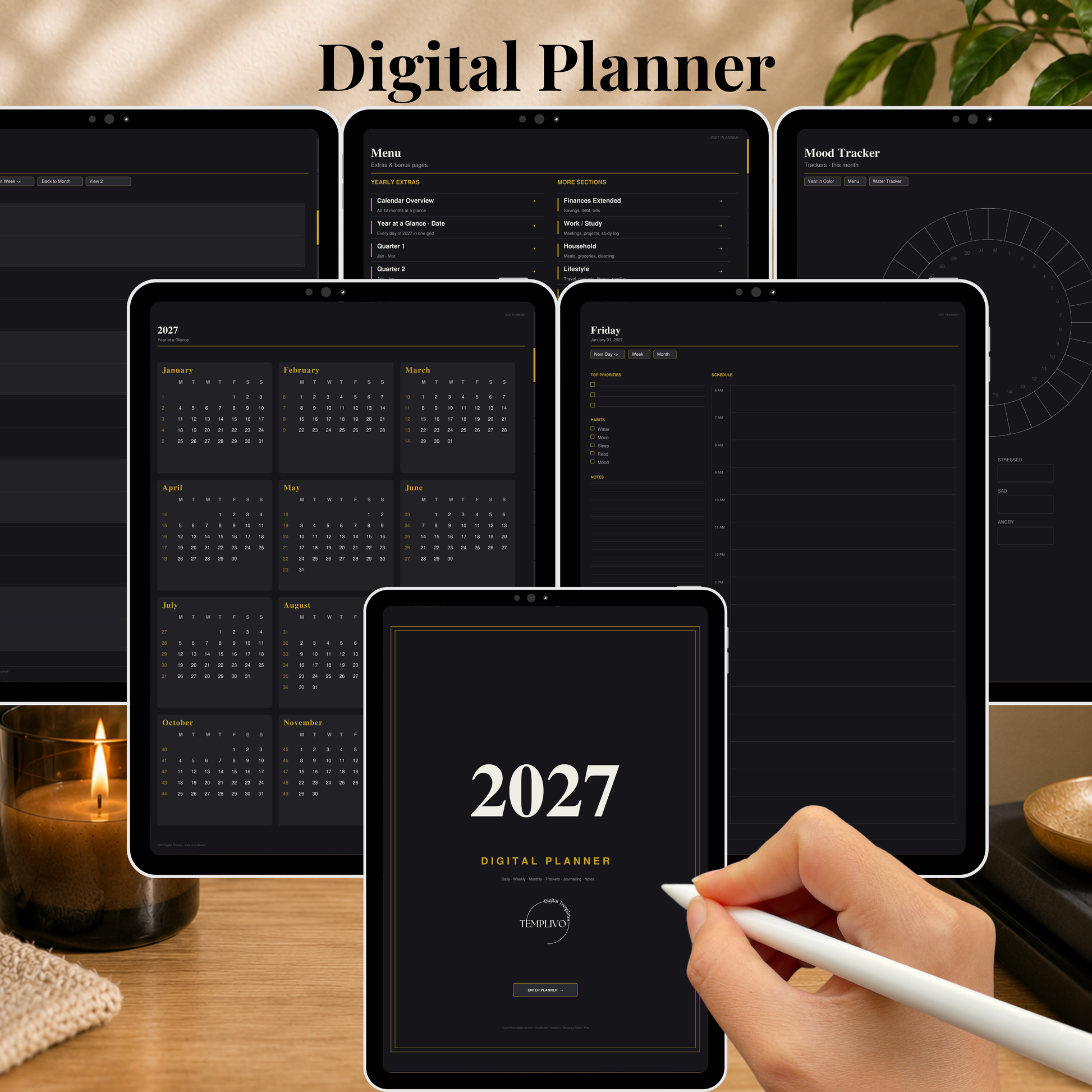 Digital Planner 2027, Sunday Monday start, dark mode, Digitaler Planer, Digital Planner, Sonntag Montag Start, portrait orientation, planner, Digital planner, Digital Planner 2027, journal for samsung notes, goodnotes and ipad, daily, weekly and monthly pages with lifestyle templates, daily planner, weekly planner, monthly planner, digital planner, goodnotes planner, dunkelmodeus, notebook, adhd planner, hyperlinked, digital download, 2027 calendar, digitaler planer, digitale agenda, digital notebook