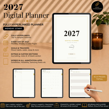Digital Planner 2027, Monday start, light mode, Digitaler Planer hell, Digital Planner, portrait orientation, planner, Montag, Digital planner, Digital Planner 2027 - Monday Start, journal for samsung notes, goodnotes and ipad, daily, weekly and monthly pages with lifestyle templates, daily planner, weekly planner, monthly planner, digital planner, goodnotes planner, digital journal, notebook, adhd planner, hyperlinked, digital download, 2027 calendar, digitaler planer, digitale agenda, digital notebook