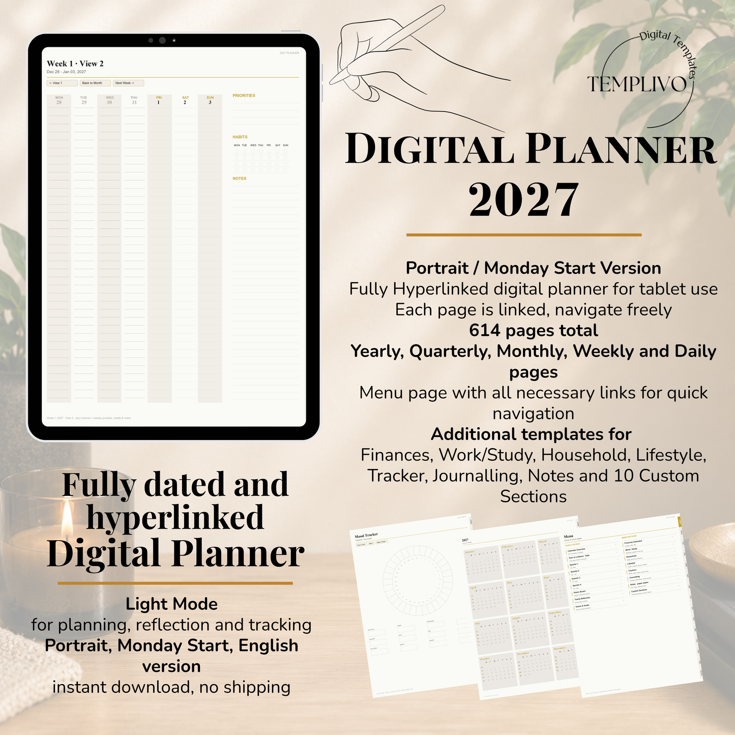 Digital Planner 2027, Monday start, light mode, Digitaler Planer hell, Digital Planner, portrait orientation, planner, Montag, Digital planner, Digital Planner 2027 - Monday Start, journal for samsung notes, goodnotes and ipad, daily, weekly and monthly pages with lifestyle templates, daily planner, weekly planner, monthly planner, digital planner, goodnotes planner, digital journal, notebook, adhd planner, hyperlinked, digital download, 2027 calendar, digitaler planer, digitale agenda, digital notebook