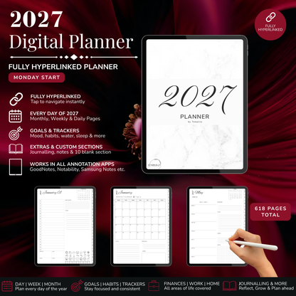 Digital Planner 2027, Digitaler Planer, 2027 Digital Planner, portrait orientation, Monday start planner, printable planner, Digital planner 2027, Digital agenda 2027 Monday Start, journal for samsung notes, goodnotes and ipad, daily, weekly and monthly pages with lifestyle templates, daily, weekly planner, monthly planner, digital planner, goodnotes planner, digital journal, notebook, adhd planner, hyperlinked, digital download, 2027 calendar, digitaler planer, digitale agenda, digital notebook, numerique