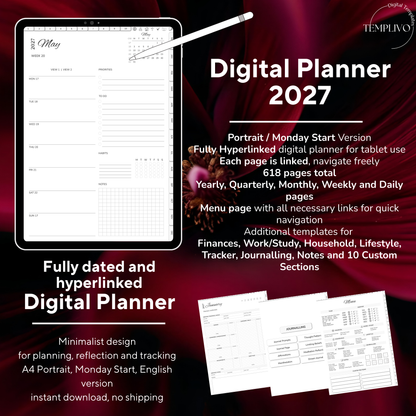 Digital Planner 2027, Digitaler Planer, 2027 Digital Planner, portrait orientation, Monday start planner, printable planner, Digital planner 2027, Digital agenda 2027 Monday Start, journal for samsung notes, goodnotes and ipad, daily, weekly and monthly pages with lifestyle templates, daily, weekly planner, monthly planner, digital planner, goodnotes planner, digital journal, notebook, adhd planner, hyperlinked, digital download, 2027 calendar, digitaler planer, digitale agenda, digital notebook, numerique
