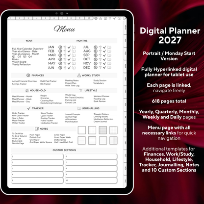 Digital Planner 2027, Digitaler Planer, 2027 Digital Planner, portrait orientation, Monday start planner, printable planner, Digital planner 2027, Digital agenda 2027 Monday Start, journal for samsung notes, goodnotes and ipad, daily, weekly and monthly pages with lifestyle templates, daily, weekly planner, monthly planner, digital planner, goodnotes planner, digital journal, notebook, adhd planner, hyperlinked, digital download, 2027 calendar, digitaler planer, digitale agenda, digital notebook, numerique