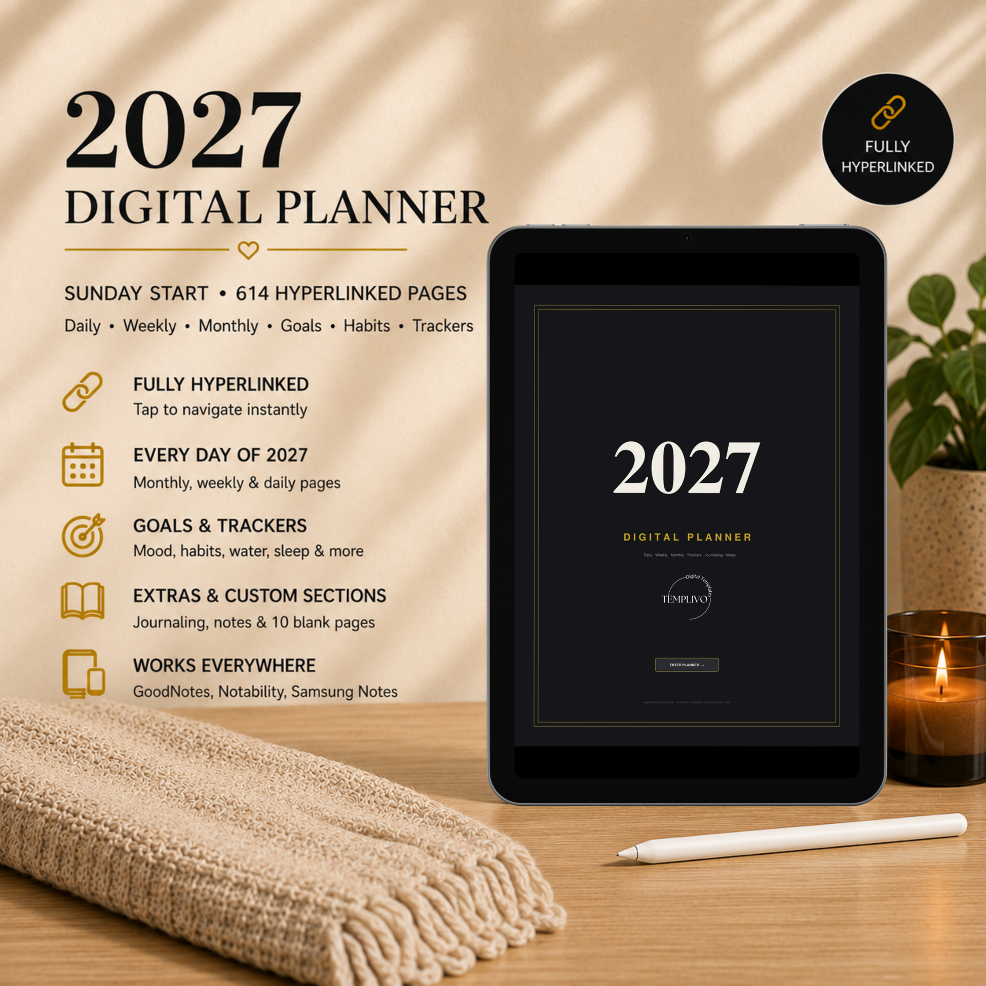 Digital Planner 2027, Sunday start, dark mode, Digitaler Planer, Digital Planner, Sonntag Start, portrait orientation, planner, Digital planner, Digital Planner 2027 - Sunday Start, journal for samsung notes, goodnotes and ipad, daily, weekly and monthly pages with lifestyle templates, daily planner, weekly planner, monthly planner, digital planner, goodnotes planner, dunkelmodeus, notebook, adhd planner, hyperlinked, digital download, 2027 calendar, digitaler planer, digitale agenda, digital notebook