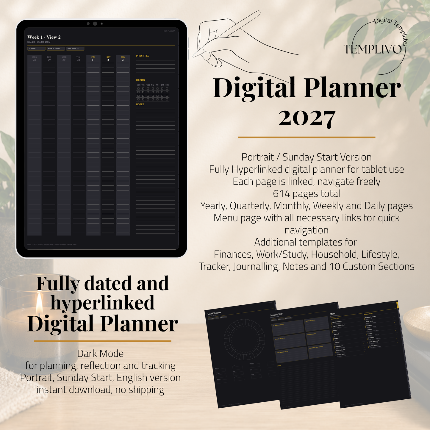 Digital Planner 2027, Sunday start, dark mode, Digitaler Planer, Digital Planner, Sonntag Start, portrait orientation, planner, Digital planner, Digital Planner 2027 - Sunday Start, journal for samsung notes, goodnotes and ipad, daily, weekly and monthly pages with lifestyle templates, daily planner, weekly planner, monthly planner, digital planner, goodnotes planner, dunkelmodeus, notebook, adhd planner, hyperlinked, digital download, 2027 calendar, digitaler planer, digitale agenda, digital notebook