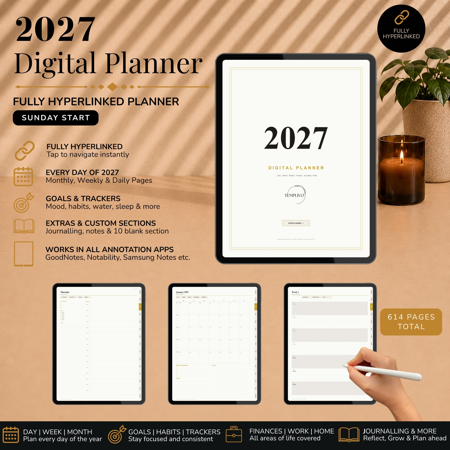 Digital Planner 2027, Sunday start, light mode, Digitaler Planer hell Sonntag Start, Digital Planner, portrait orientation, planner, Digital planner, 2027 Digital Planner - Sunday Start, journal for samsung notes, goodnotes and ipad, daily, weekly and monthly pages with lifestyle templates, daily planner, weekly planner, monthly planner, digital planner, goodnotes planner, digital journal, notebook, adhd planner, hyperlinked, digital download, 2027 calendar, digitale agenda, digital notebook
