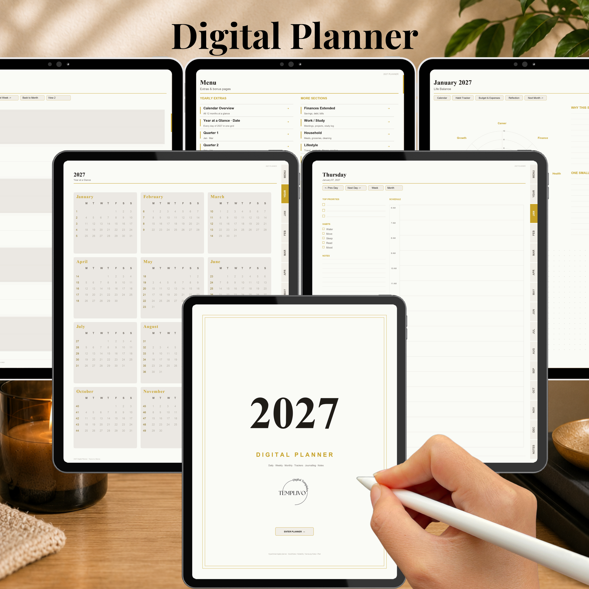 Digital Planner 2027, Sunday start, light mode, Digitaler Planer hell Sonntag Start, Digital Planner, portrait orientation, planner, Digital planner, 2027 Digital Planner - Sunday Start, journal for samsung notes, goodnotes and ipad, daily, weekly and monthly pages with lifestyle templates, daily planner, weekly planner, monthly planner, digital planner, goodnotes planner, digital journal, notebook, adhd planner, hyperlinked, digital download, 2027 calendar, digitale agenda, digital notebook