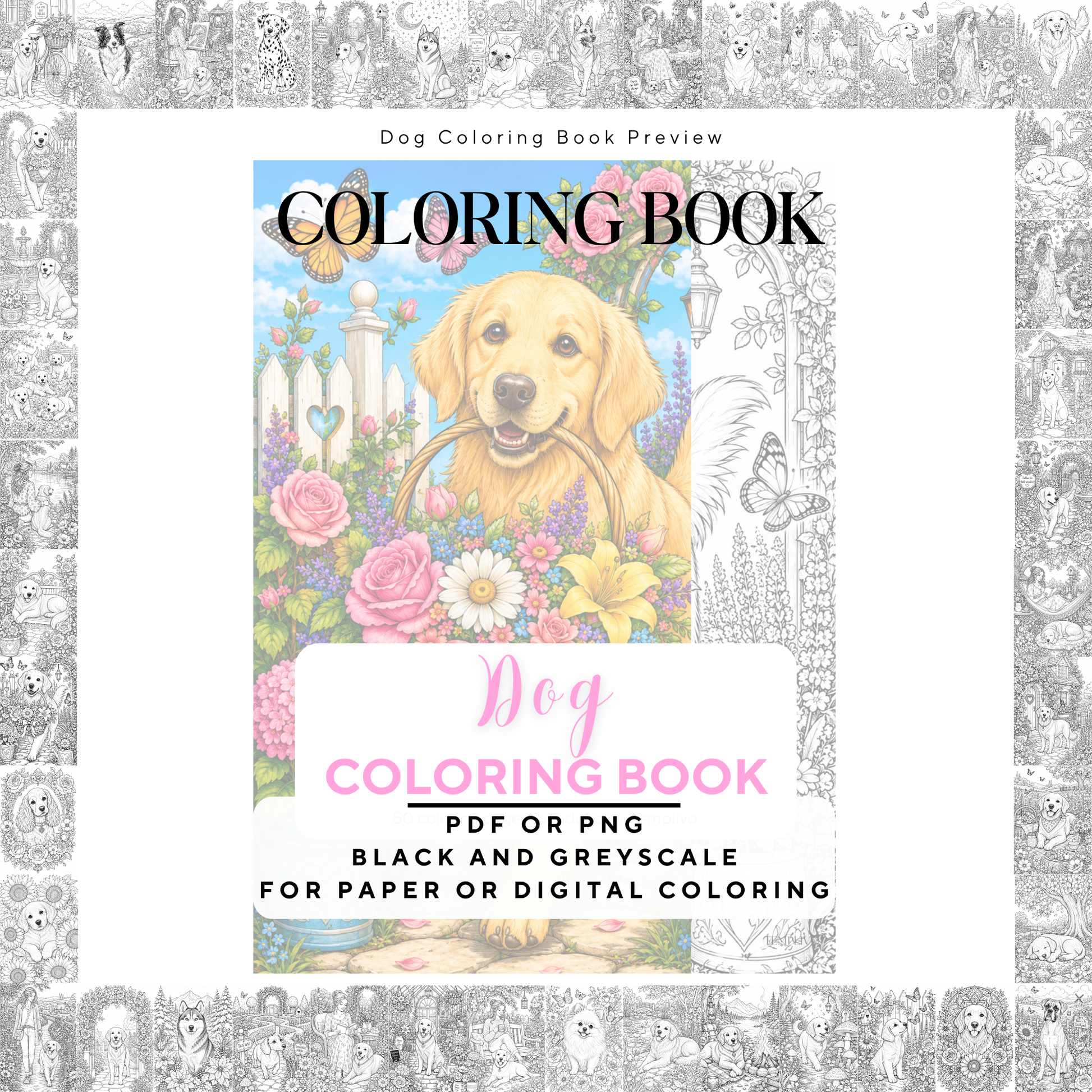 Adult coloring book, Dog coloring book, garden, livre de coloriage, pdf, png, dog coloring pages, adult coloring pages, doodle colouring book, flower dog colouring pages png, adult coloring pages printable, adult coloring, coloring pages for adults, coloring page digital, Instant download, Intricate, High detail, Line art, best seller, grey scale, Hunde Malvorlagen, Malbuch, Malseiten, Hund