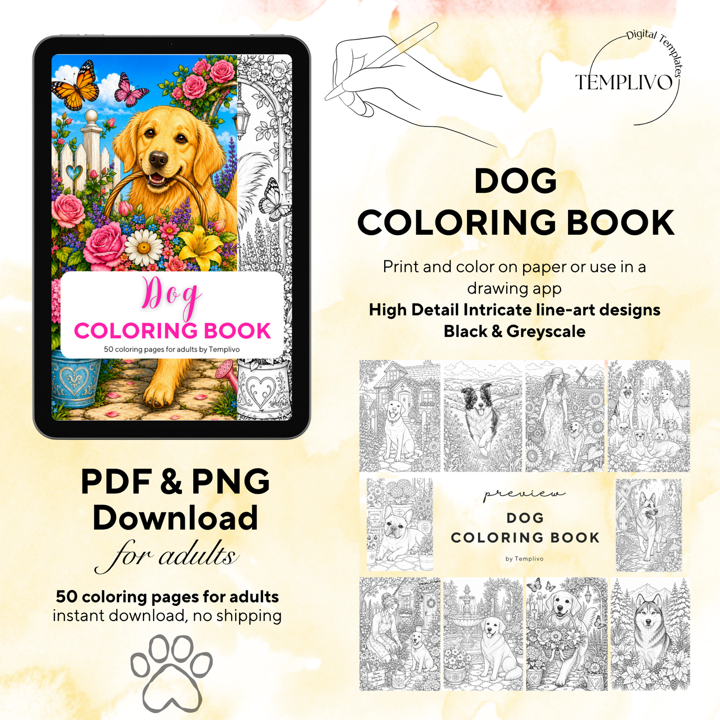 Adult coloring book, Dog coloring book, garden, livre de coloriage, pdf, png, dog coloring pages, adult coloring pages, doodle colouring book, flower dog colouring pages png, adult coloring pages printable, adult coloring, coloring pages for adults, coloring page digital, Instant download, Intricate, High detail, Line art, best seller, grey scale, Hunde Malvorlagen, Malbuch, Malseiten, Hund