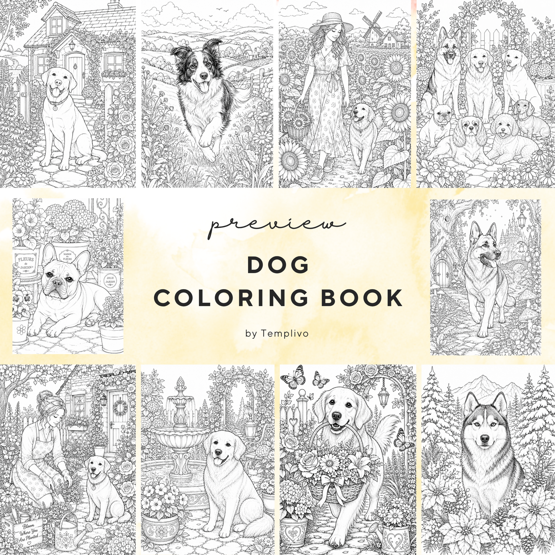 Adult coloring book, Dog coloring book, garden, livre de coloriage, pdf, png, dog coloring pages, adult coloring pages, doodle colouring book, flower dog colouring pages png, adult coloring pages printable, adult coloring, coloring pages for adults, coloring page digital, Instant download, Intricate, High detail, Line art, best seller, grey scale, Hunde Malvorlagen, Malbuch, Malseiten, Hund