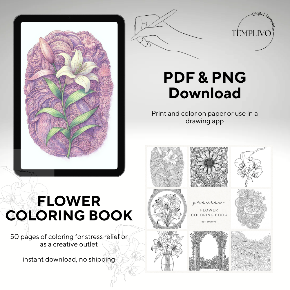Flower Coloring Book, coloring pages for adults, flower coloring pages, adult coloring book, adult coloring pages printable, Blumen Malbuch, Ausmalbuch für Erwachsene