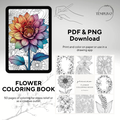 Flower Coloring Book, digital coloring book, printable coloring pages, flower coloring, Malbuch, Blumen malen, ausmalen, Blumen ausmalen, relaxing coloring