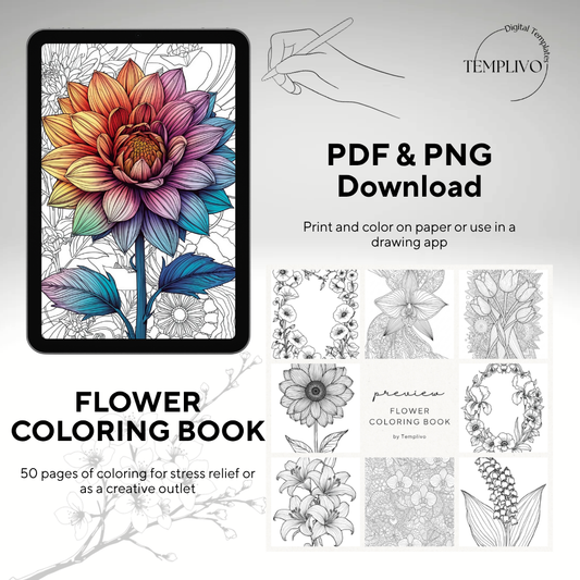 Flower Coloring Book, digital coloring book, printable coloring pages, flower coloring, Malbuch, Blumen malen, ausmalen, Blumen ausmalen, relaxing coloring