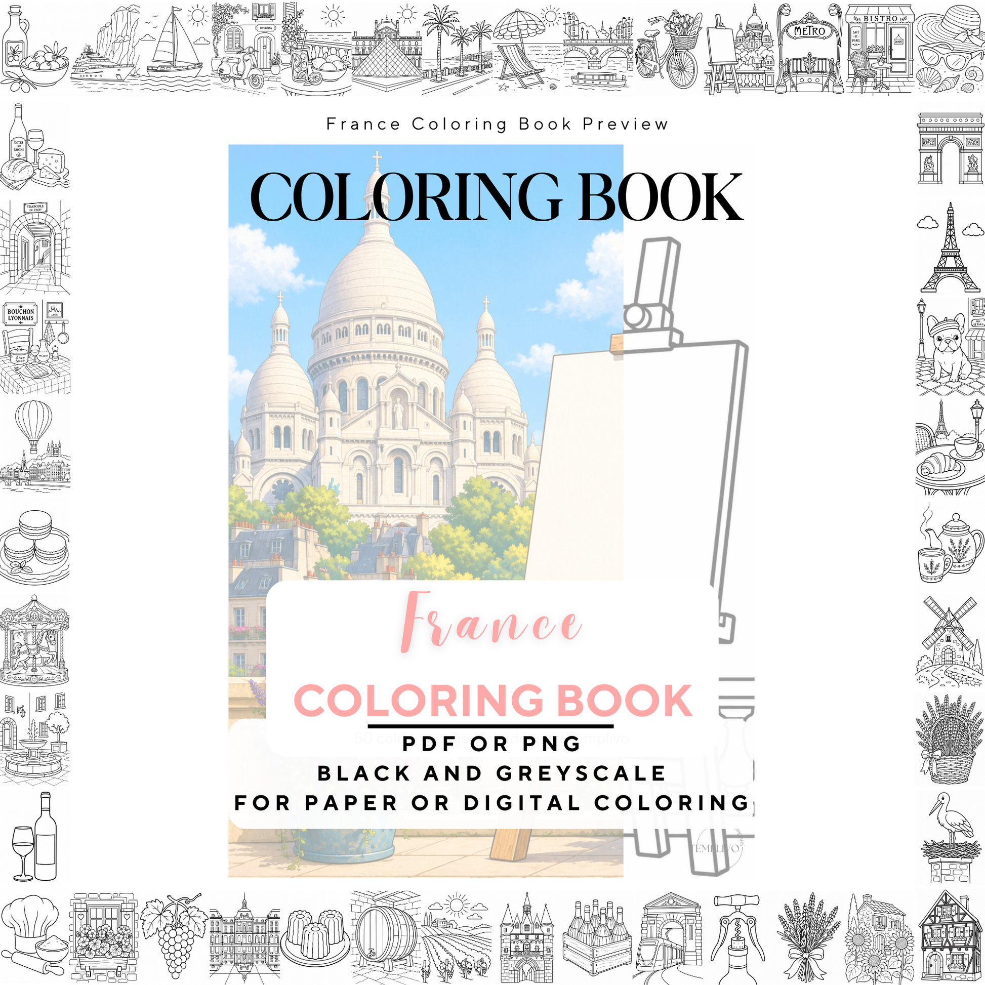 Adult coloring book, france coloring book, francais, livre de coloriage, pdf, png, france coloring pages, adult coloring pages, doodle colouring book, france colouring pages png, adult coloring pages printable, adult coloring, coloring pages for adults, coloring page digital, Instant download, simpl and easyl, Line art, best seller, grey scale, Frankreich Malvorlagen, Malbuch, Malseiten