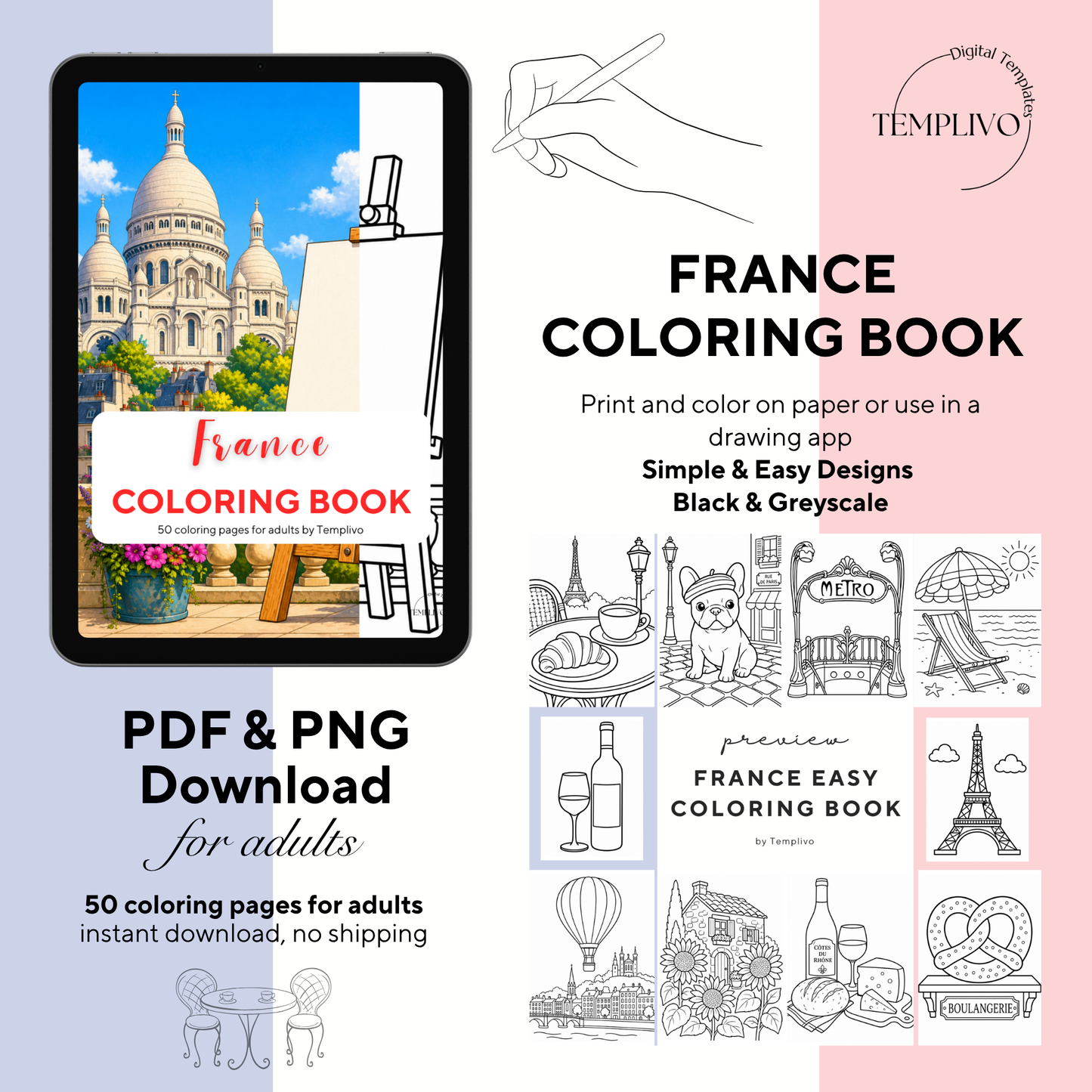 Adult coloring book, france coloring book, francais, livre de coloriage, pdf, png, france coloring pages, adult coloring pages, doodle colouring book, france colouring pages png, adult coloring pages printable, adult coloring, coloring pages for adults, coloring page digital, Instant download, simpl and easyl, Line art, best seller, grey scale, Frankreich Malvorlagen, Malbuch, Malseiten