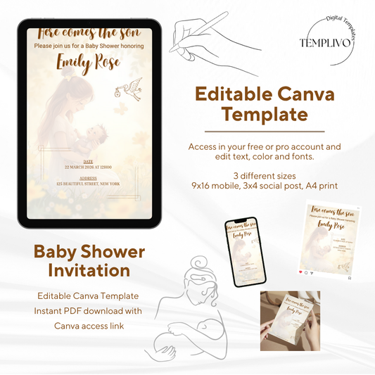 Here comes the son, baby shower invitation, canva template, editable template, digital invitation, printable invitation, Einladung, Babyparty, Invitation, e invite
