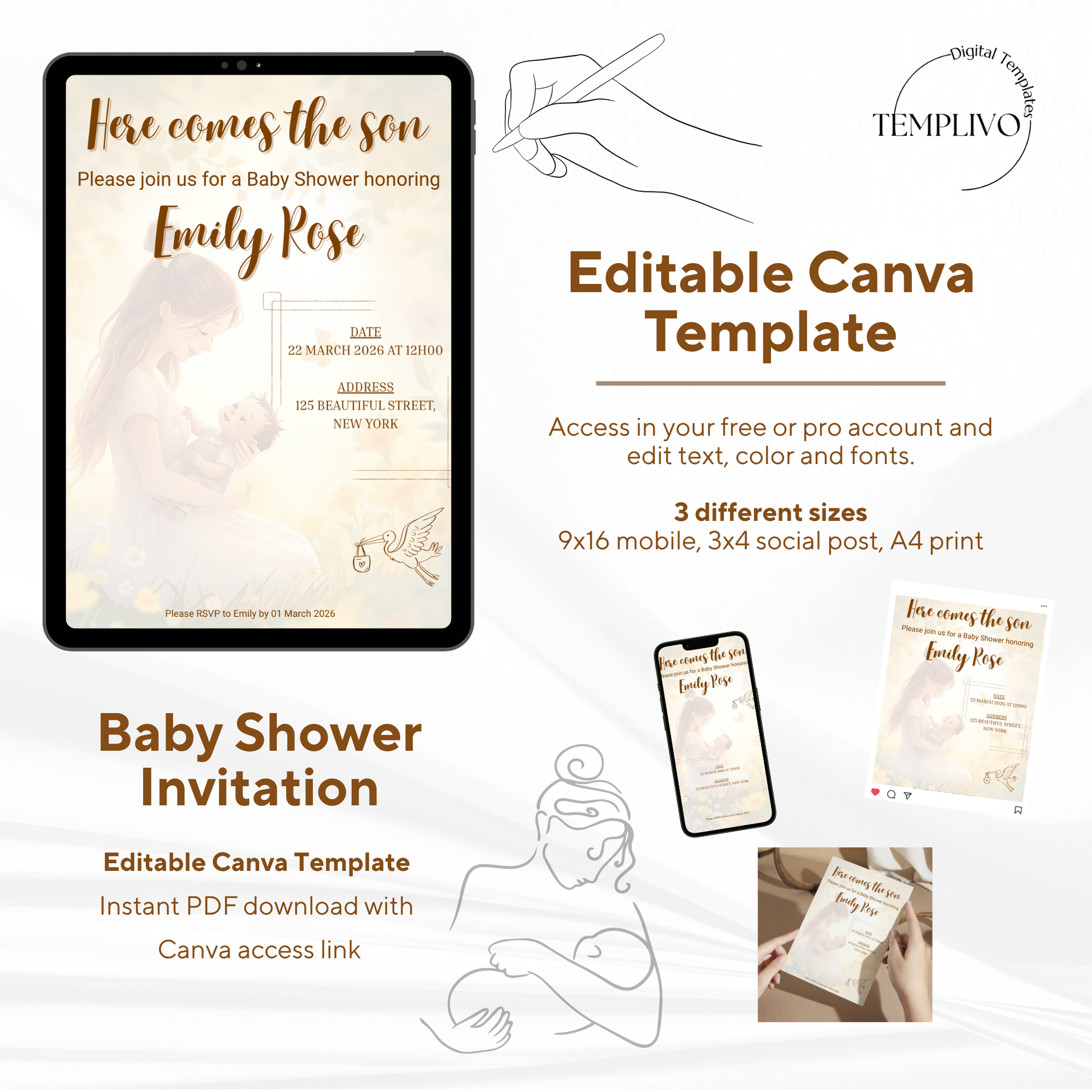 Here comes the son, baby shower invitation, canva template, canva invitation, here comes the son digital download invitation, editable template, digital invitation, printable invitation, Einladung, Babyparty, Invitation, e invite