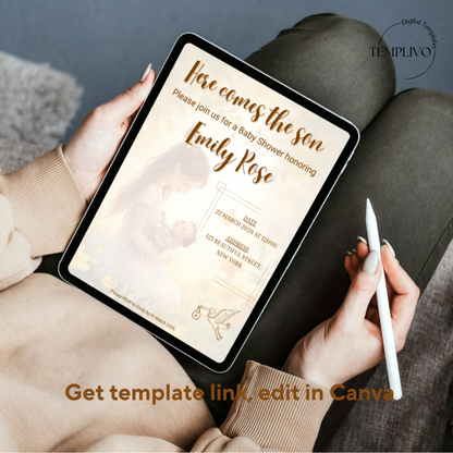 Here comes the son, baby shower invitation, canva template, editable template, digital invitation, printable invitation, Einladung, Babyparty, Invitation, e invite