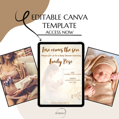 Here comes the son, baby shower invitation, canva template, editable template, digital invitation, printable invitation, Einladung, Babyparty, Invitation, e invite