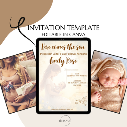 Here comes the son, baby shower invitation, canva template, canva invitation, here comes the son digital download invitation, editable template, digital invitation, printable invitation, Einladung, Babyparty, Invitation, e invite